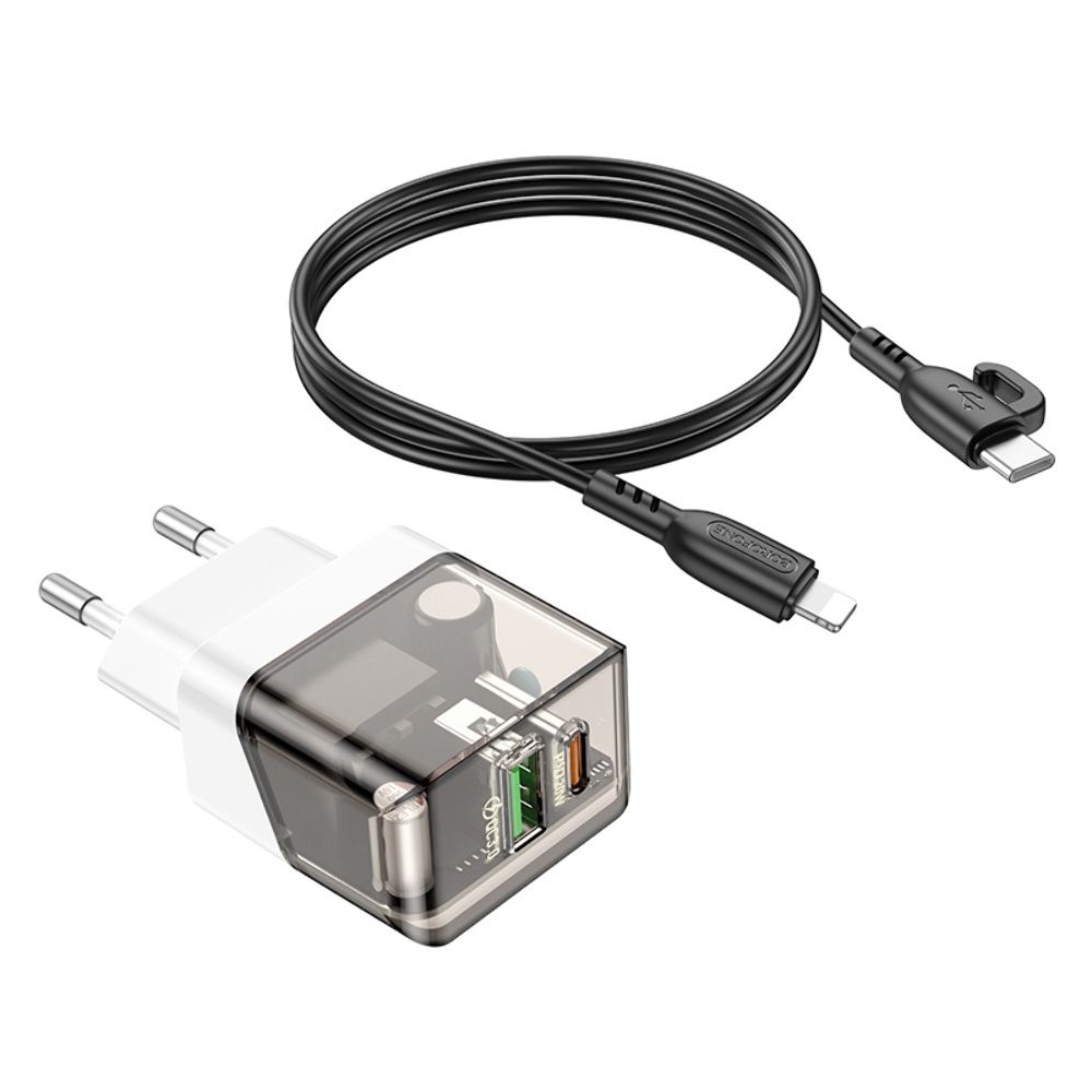 Сетевое зарядное устройство Borofone BA80A USB, Type-C, PD QC прозрачно-, черное + кабель, Type-C на Lightning