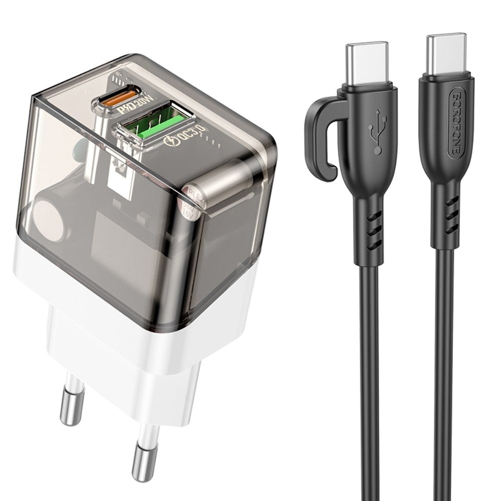 Сетевое зарядное устройство Borofone BA80A USB, Type-C, PD QC прозрачно-, черное + кабель, Type-C на Type-C