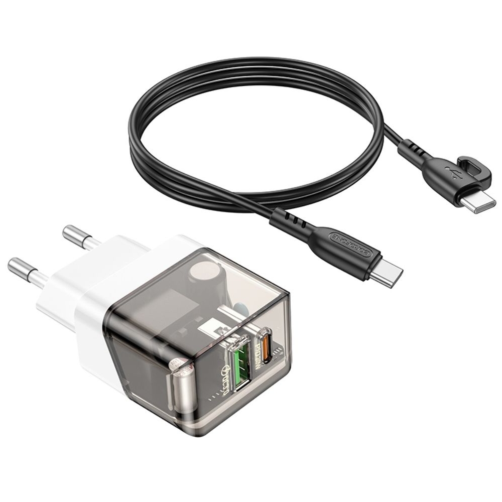 Сетевое зарядное устройство Borofone BA80A USB, Type-C, PD QC прозрачно-, черное + кабель, Type-C на Type-C