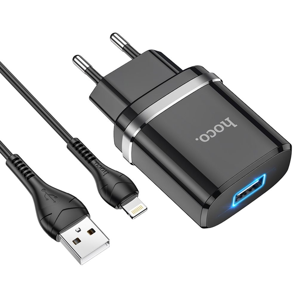 Сетевое зарядное устройство Hoco N1, 1 USB, черное, с кабелем Lightning