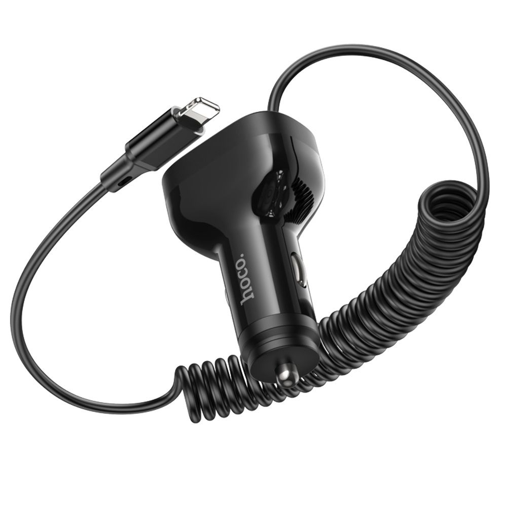 Автомобильное зарядное устройство Hoco NZ11A, 2 USB, Type-C, Power Delivery (30 Вт), черное + кабель Lightning