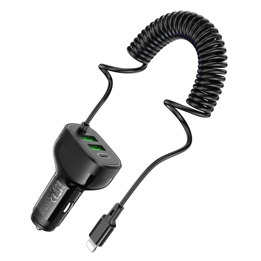 Автомобильное зарядное устройство Hoco NZ11A, 2 USB, Type-C, Power Delivery (30 Вт), черное + кабель Lightning