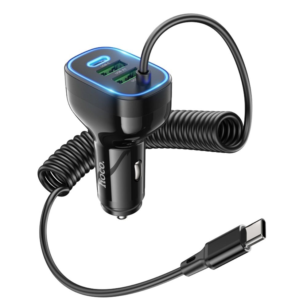 Автомобильное зарядное устройство Hoco NZ11A, 2 USB, Type-C, Power Delivery (30 Вт), черное + кабель Type-C