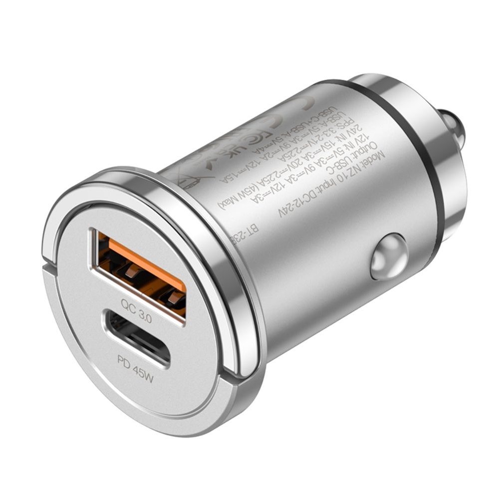 Автомобильное зарядное устройство Hoco NZ10, USB, Type-C, PD, 45W, серебристое