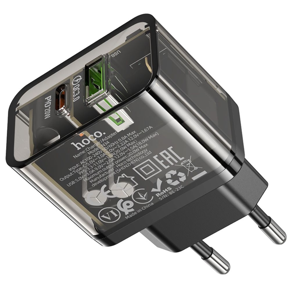 Сетевое зарядное устройство Hoco N34 USB/ Type-C, Quick Charge, PowerDelivery, черное