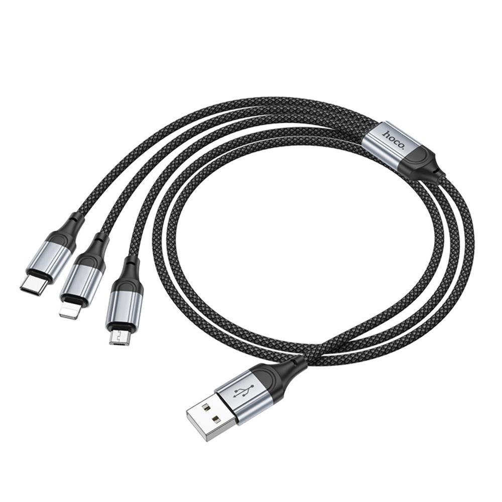 USB-кабель Hoco X102, 3 в 1, Lightning, Type-C, Micro-USB, 100 см, черный, только для зарядки, режим передачи данных отключен