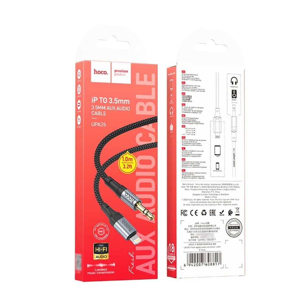 AUX-кабель Hoco UPA26, Lightning на Jack 3.5, 100 см, черный