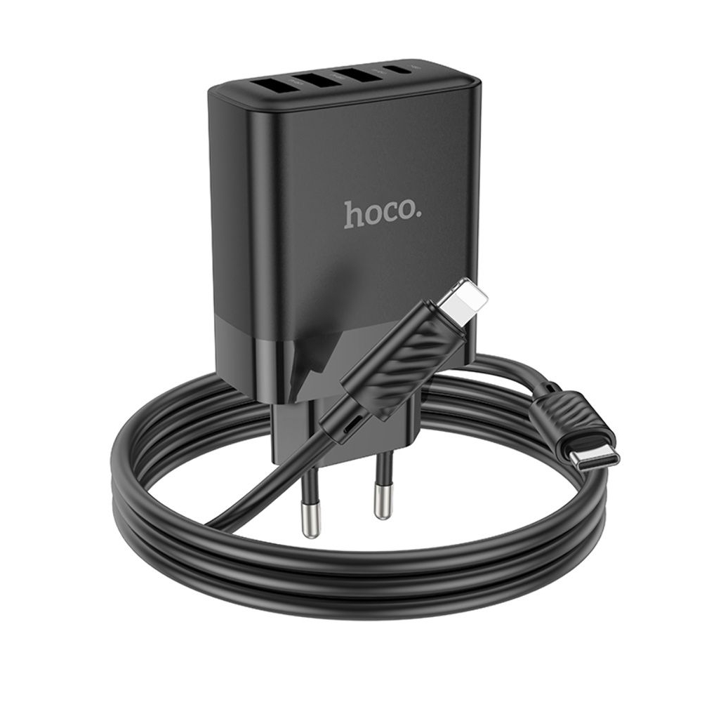 Сетевое зарядное устройство Hoco C127A, 3 USB, Type-C PD45W, черное, с кабелем Type-C на Lightning