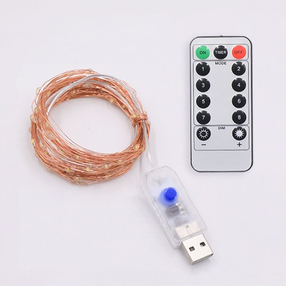 Светодиодная гирлянда USB, медная нить, теплый, білий, 20 м, 200 светодиодов, 8 режимов, с пультом