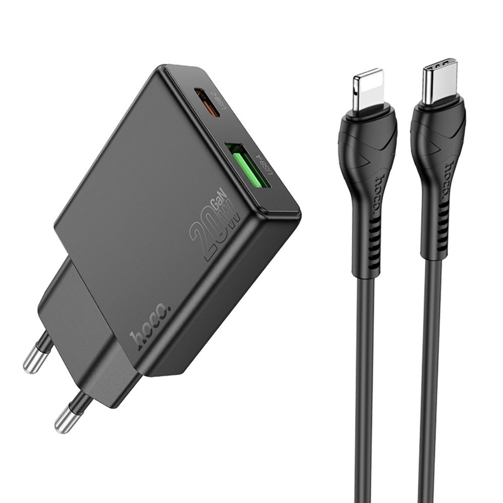 Сетевое зарядное устройство Hoco N38 USB/ Type-C, Quick Charge, PowerDelivery, с кабелем Type-C на Lightning, черное