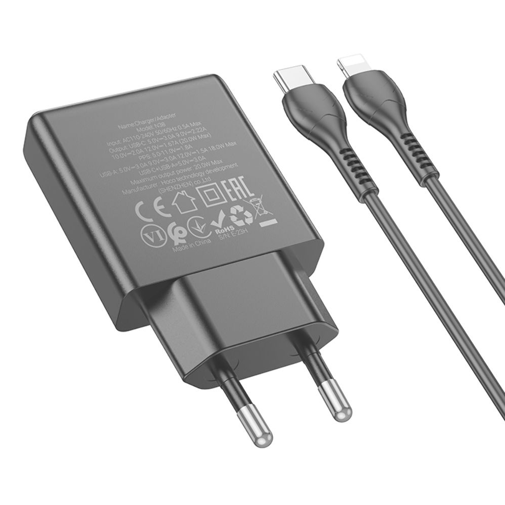 Сетевое зарядное устройство Hoco N38 USB/ Type-C, Quick Charge, PowerDelivery, с кабелем Type-C на Lightning, черное