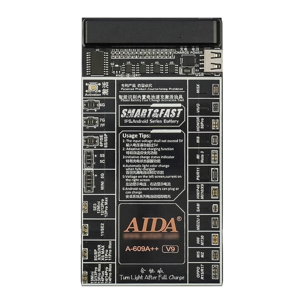 Плата активации и зарядки аккумуляторов Aida A-609A++ V9 цифр. инд. (5G -15 Pro Max,HUAWEI,LENOVO,VIVO,MI,ZTE; кабели microUSB/USB A/штеккеры БП)