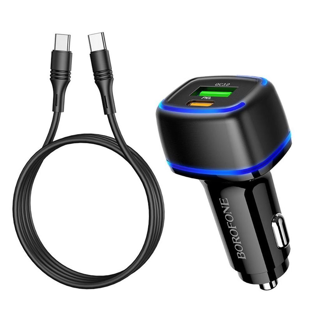 Автомобильний зарядний пристрій Borofone BZ14A USB/ Type-C, Quick Charge, PD черное + кабель Type-C на Type-C | зарядка, зарядное устройство