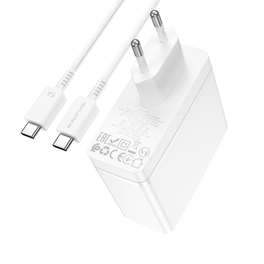 Сетевое зарядное устройство Borofone BN11, 1 USB, 2 Type-C, PowerDelyvery (100 Вт), белое, с кабелем кабель Type-C на Type-C