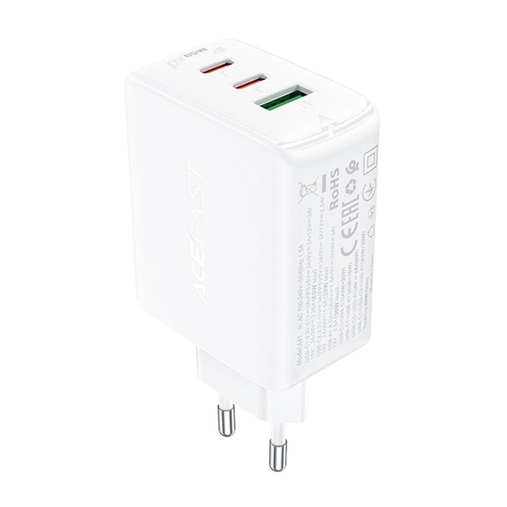 Сетевое зарядное устройство Acefast A41, 1 USB, 2 Type-C, Quick Charge, Power Delivery (65 Вт), GaN, белое