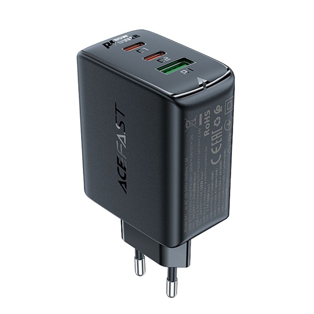 Сетевое зарядное устройство Acefast A41 USB/ 2 Type-C, Quick Charge, Power Delivery (65 Вт), GaN, черное