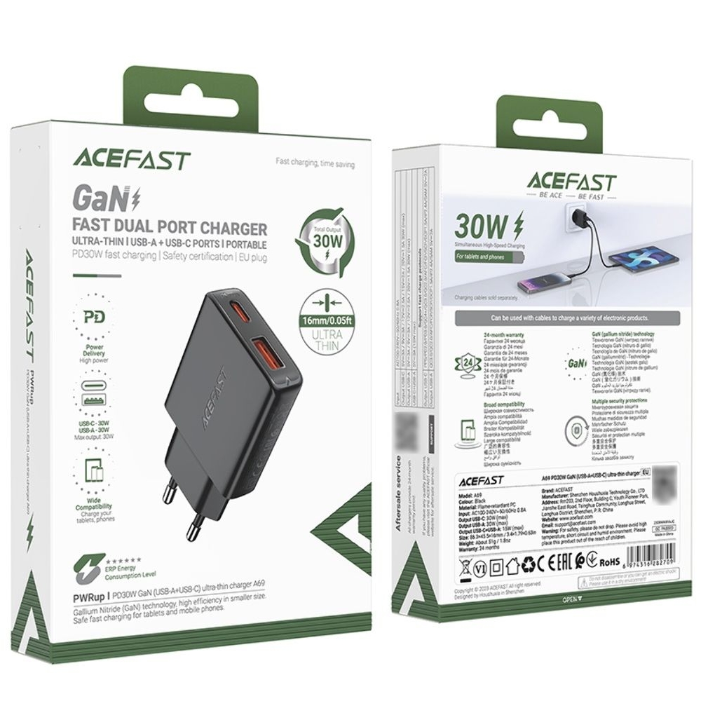 Сетевое зарядное устройство Acefast A69 USB/ Type-C, Quick Charge, Power Delivery (30 Вт), GaN, черное