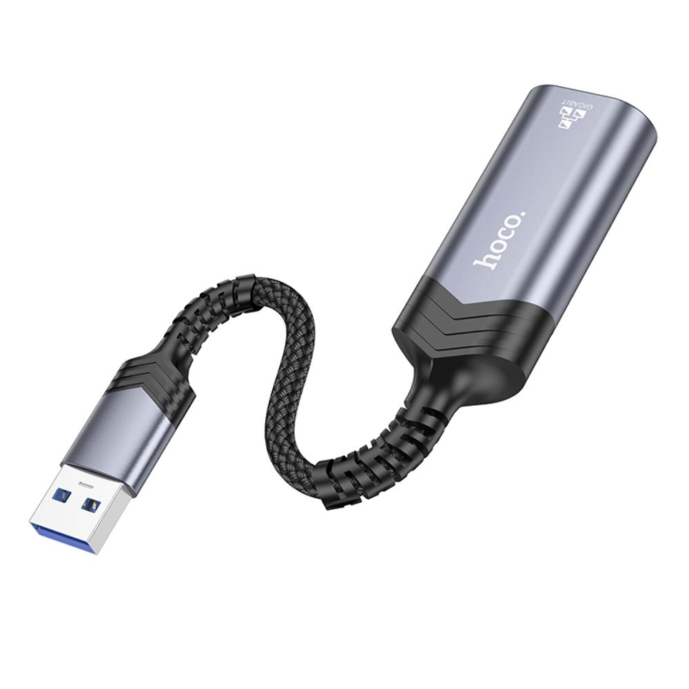 Адаптер переходник Hoco UA26 1000 Mbps USB to RJ45 metal, серый