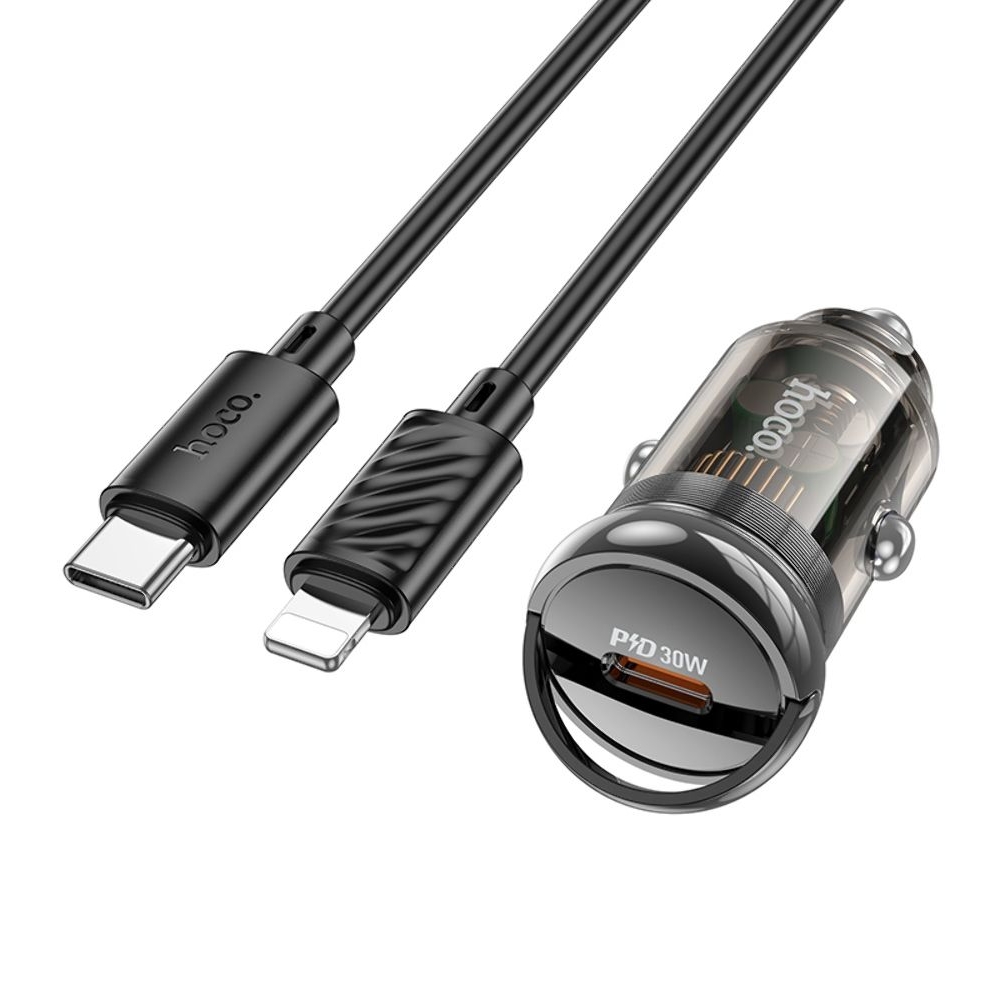 Автомобильное зарядное устройство Hoco Z53 Type-C, Power Delivery (30 Вт), transparent, черный + кабель Type-C на Lightning