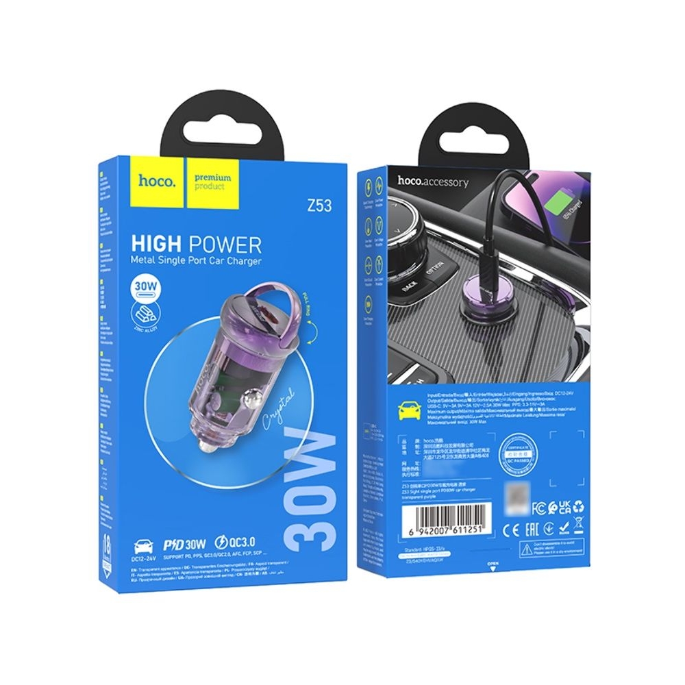 Автомобильное зарядное устройство Hoco Z53 Type-C, Power Delivery (30 Вт), transparent purple