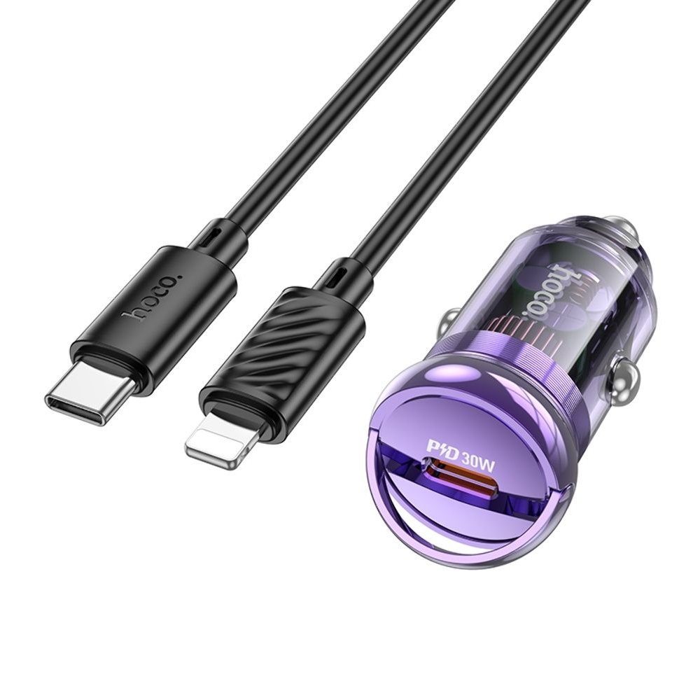 Автомобильное зарядное устройство Hoco Z53 Type-C, Power Delivery (30 Вт), transparent purple + кабель Type-C на Lightning