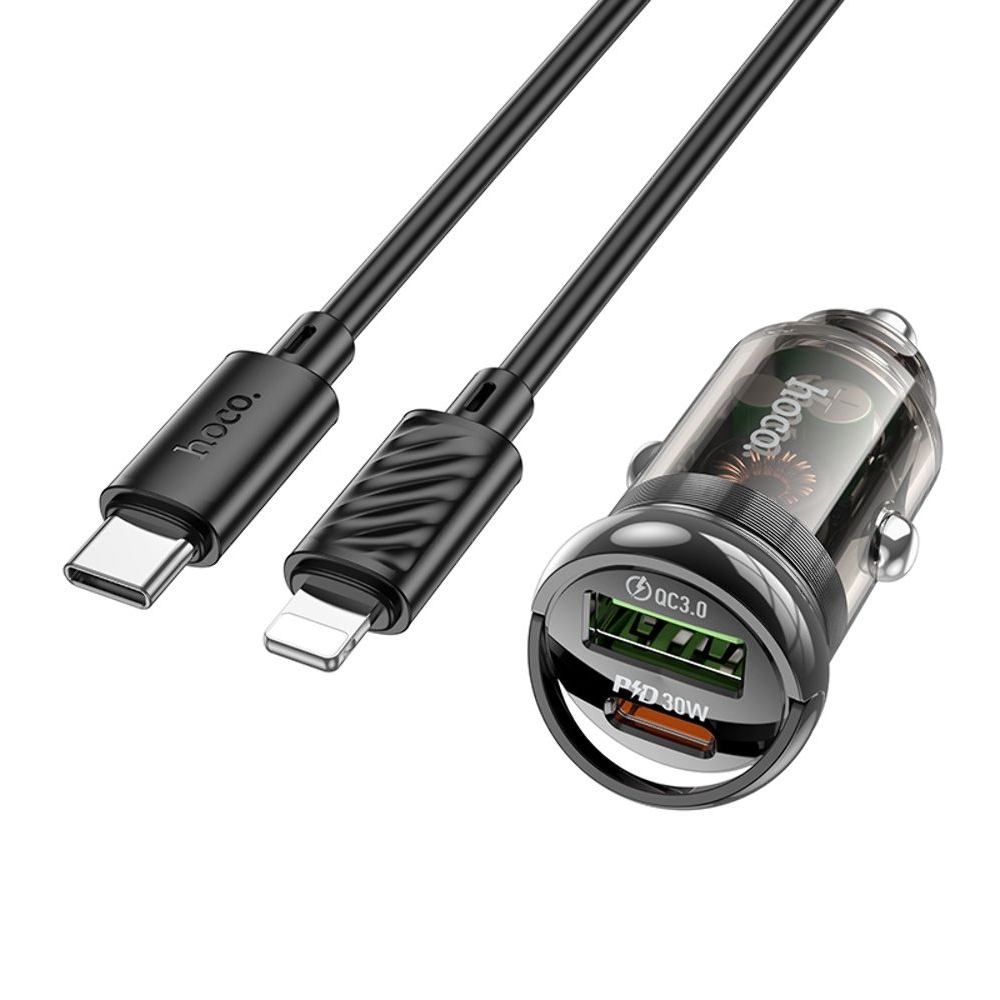 Автомобильний зарядний пристрій Hoco Z53A USB/ Type-C, Power Delivery (30 Вт), Quick Charge, transparent, чорний + кабель Type-C на Lightning | зарядка, зарядное устройство