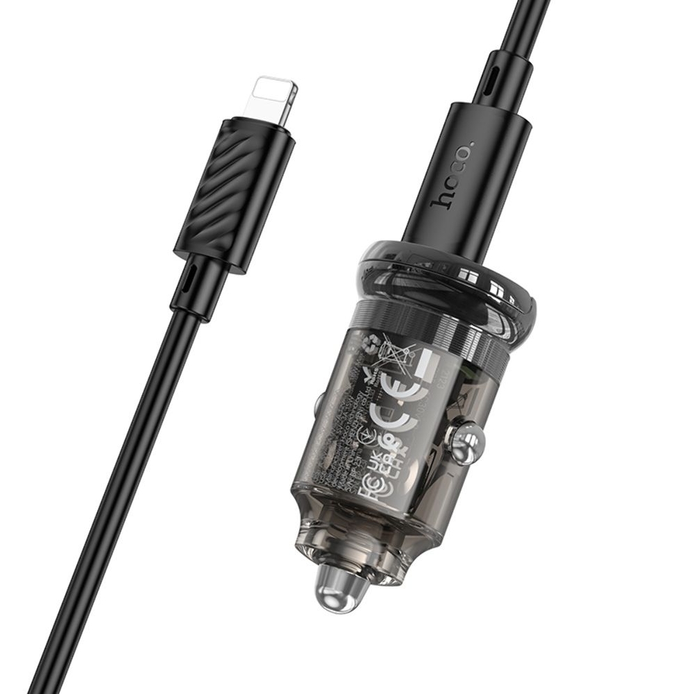 Автомобильное зарядное устройство Hoco Z53A USB/ Type-C PD 30W QC transparent, черный + кабель Type-C to Lightning