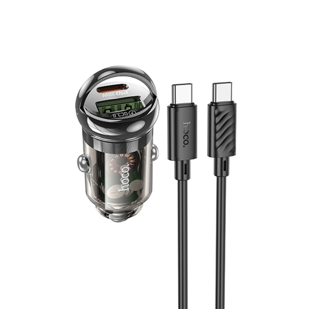 Автомобильное зарядное устройство Hoco Z53A USB/ Type-C PD 30W QC transparent, черный + кабель Type-C to Type-C