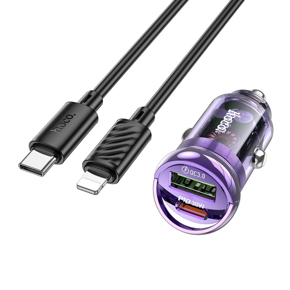 Автомобильное зарядное устройство Hoco Z53A USB/ Type-C, Power Delivery (30 Вт), Quick Charge, transparent purple + кабель Type-C на Lightning