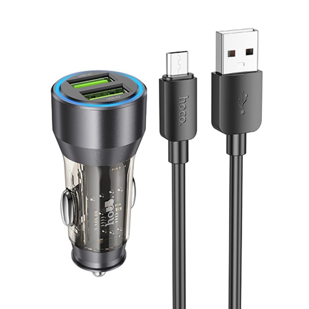 Автомобильное зарядное устройство Hoco NZ12 2 USB QC 36W transparent, черный + кабель USB to MicroUSB