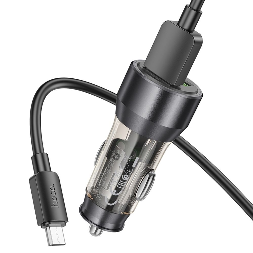 Автомобильное зарядное устройство Hoco NZ12 2 USB QC 36W transparent, черный + кабель USB to MicroUSB