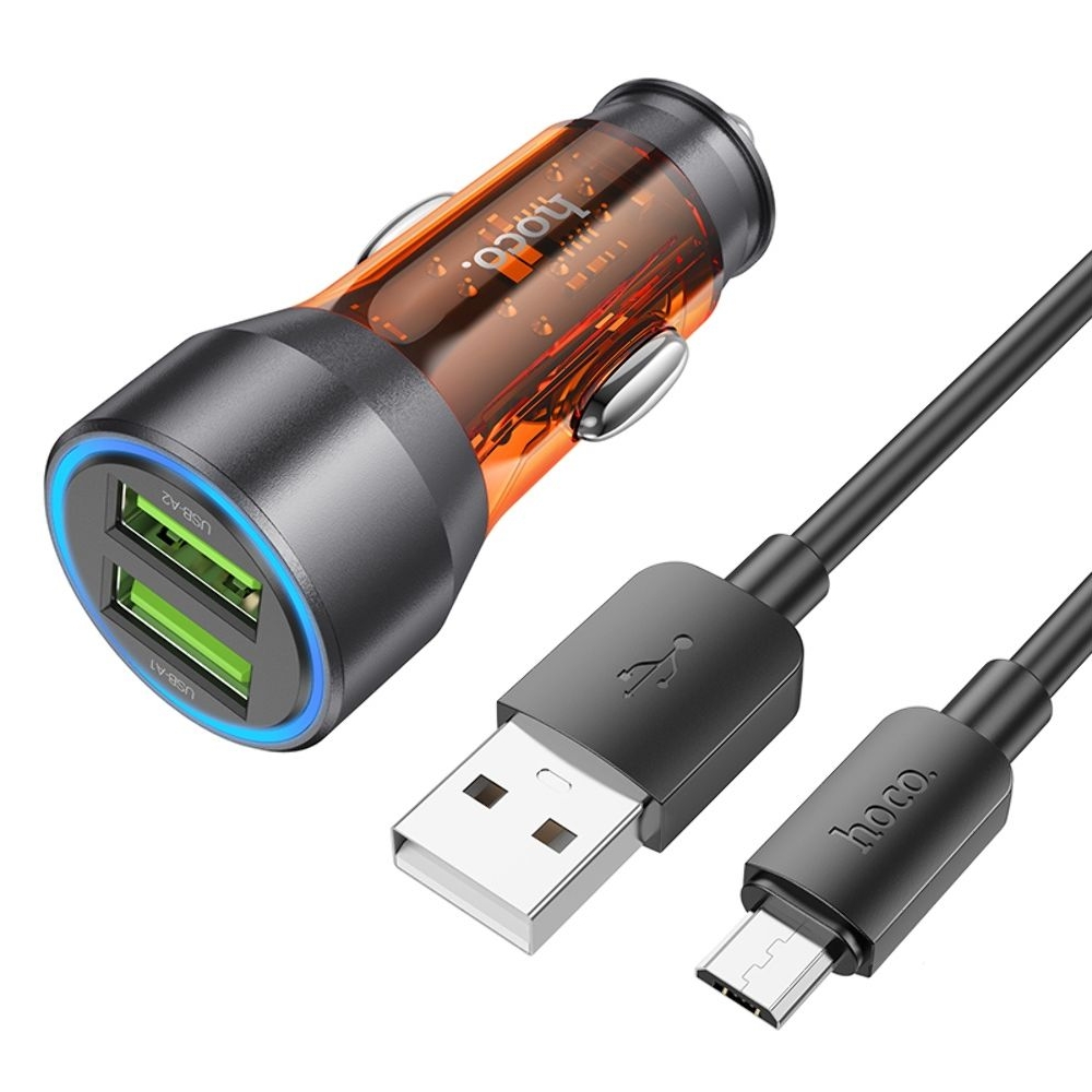 Автомобильний зарядний пристрій Hoco NZ12 2 USB, Quick Charge, 36W transparent orange + кабель USB to MicroUSB | зарядка, зарядное устройство