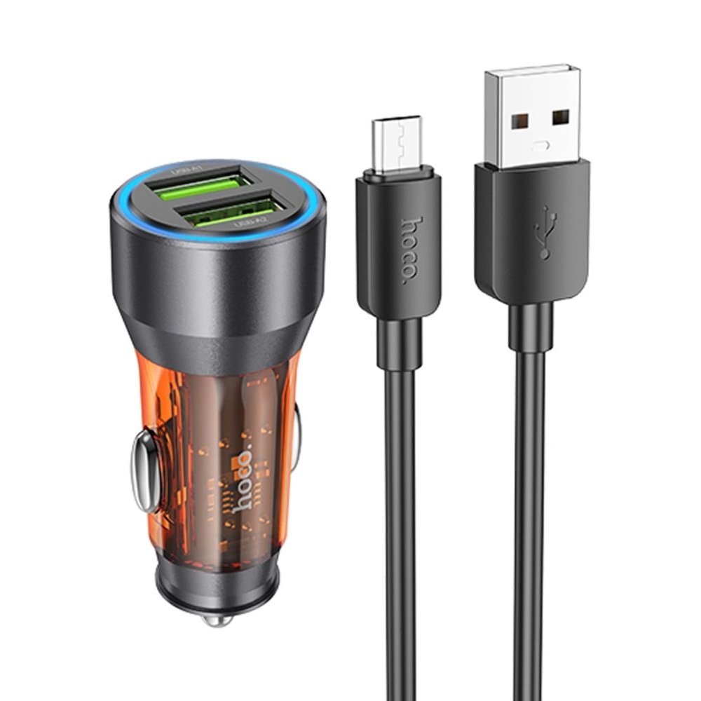 Автомобильное зарядное устройство Hoco NZ12 2 USB QC 36W transparent orange + кабель USB to MicroUSB
