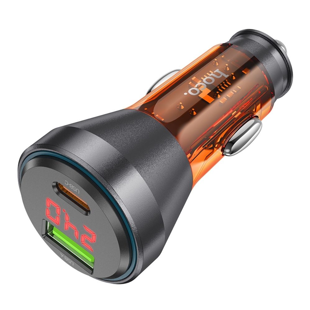 Автомобильний зарядний пристрій Hoco NZ12B USB/ Type-C PD 48W с дисплеем transparent orange | зарядка, зарядное устройство