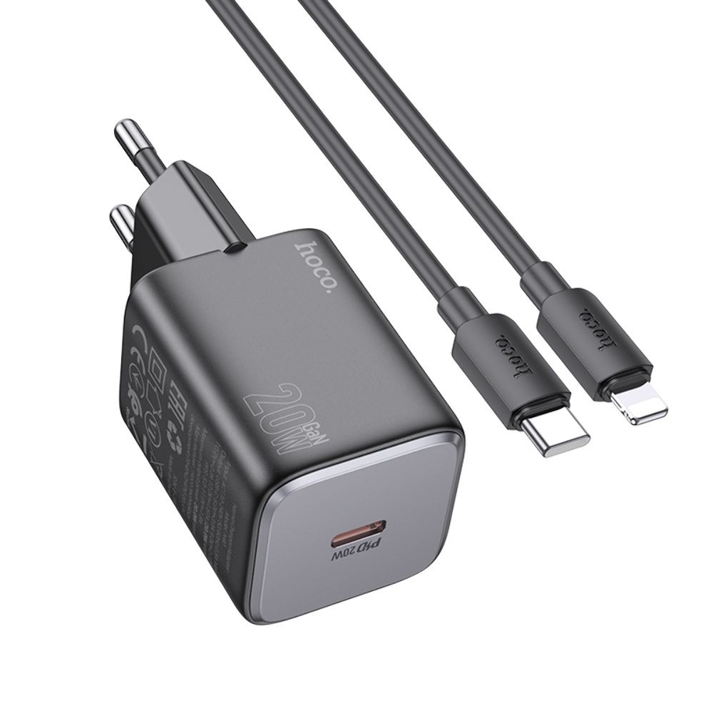Сетевое зарядное устройство Hoco N40 Type-C Power Delivery (20 Вт), чорний + кабель Type-C на Lightning