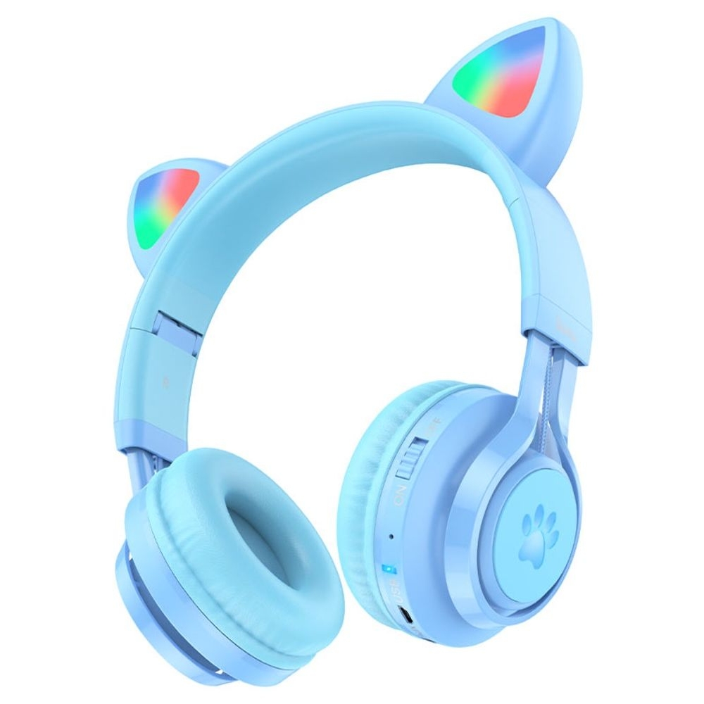 Бездротові навушники Hoco W39 Cat Ear накладные с ушками и LED подсветкой, синяя | беспроводные наушники