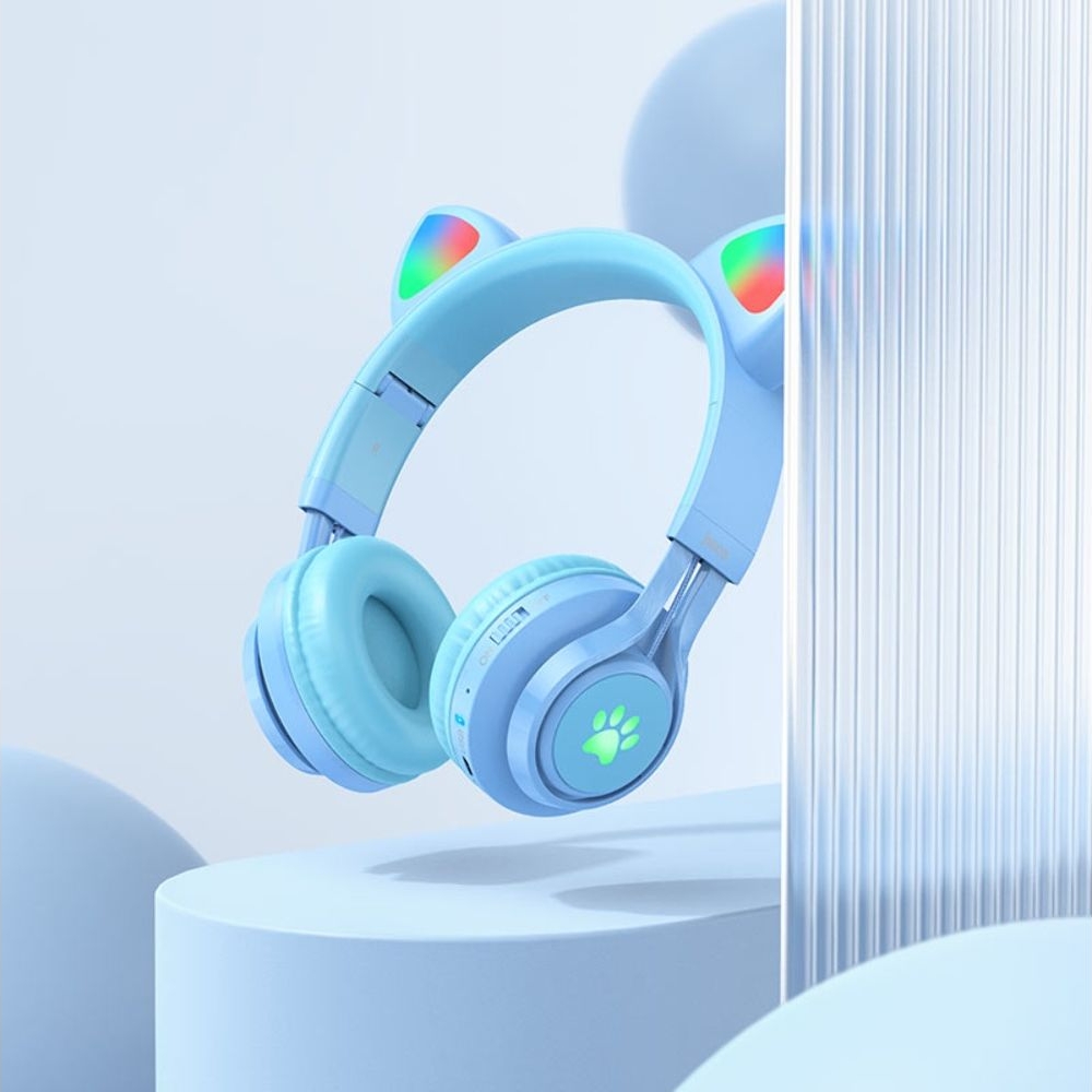 Беспроводные наушники Hoco W39 Cat Ear накладные с ушками и LED подсветкой, синяя