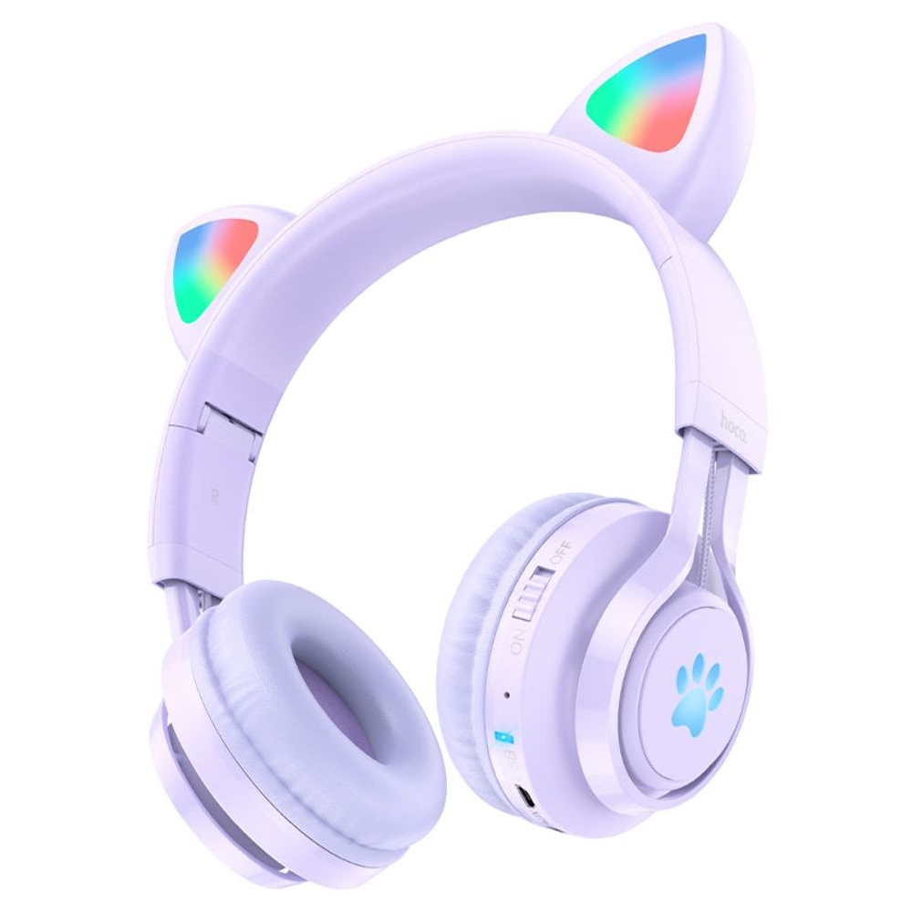 Беспроводные наушники Hoco W39 Cat Ear накладные с ушками и LED подсветкой purple