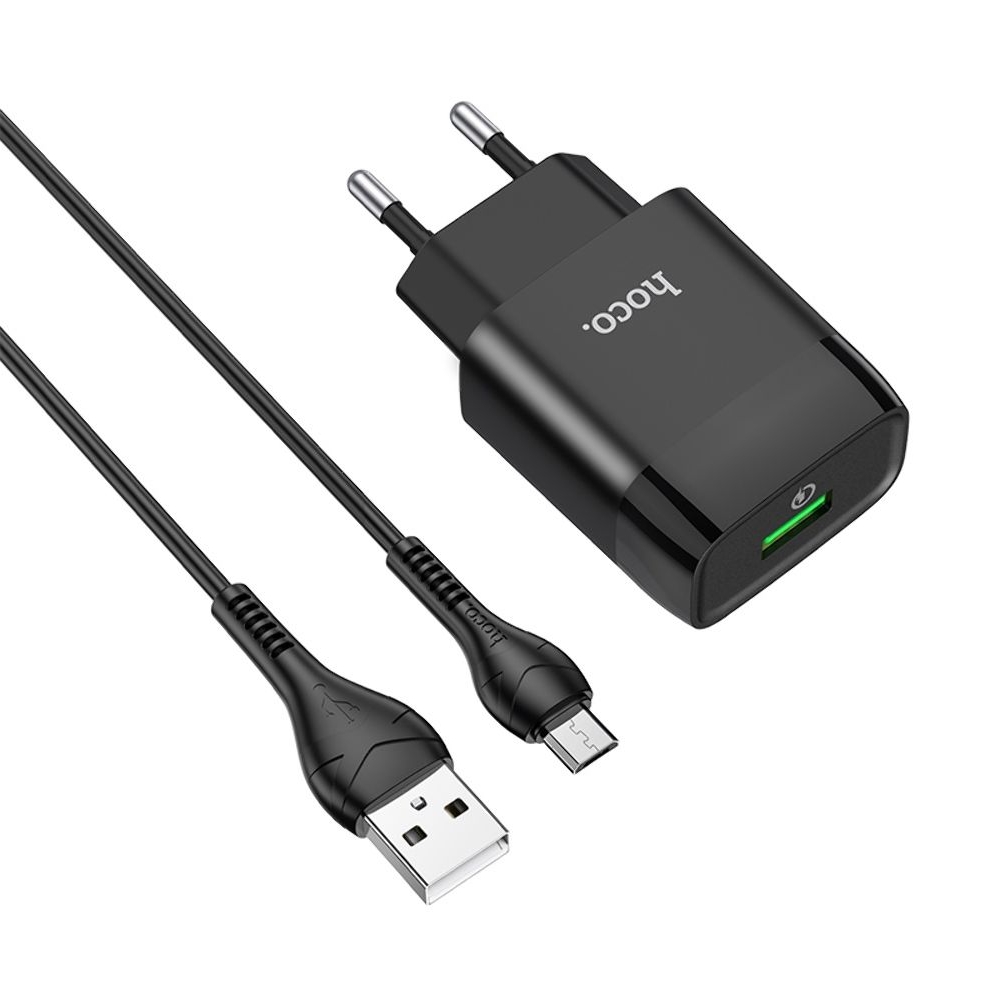 Сетевое зарядное устройство Hoco C72Q USB QC + кабель USB to MicroUSB black