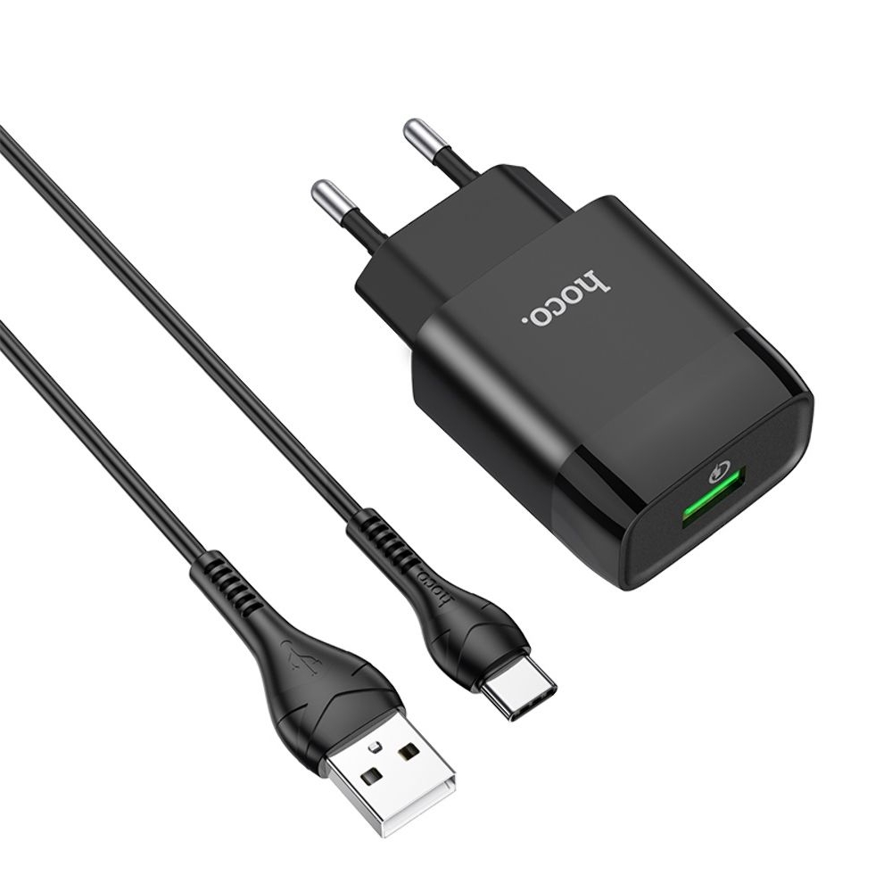 Сетевое зарядное устройство Hoco C72Q USB QC черное + кабель USB to Type-C