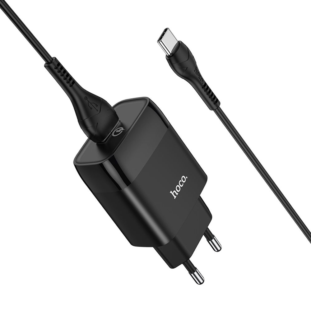 Сетевое зарядное устройство Hoco C72Q USB QC черное + кабель USB to Type-C