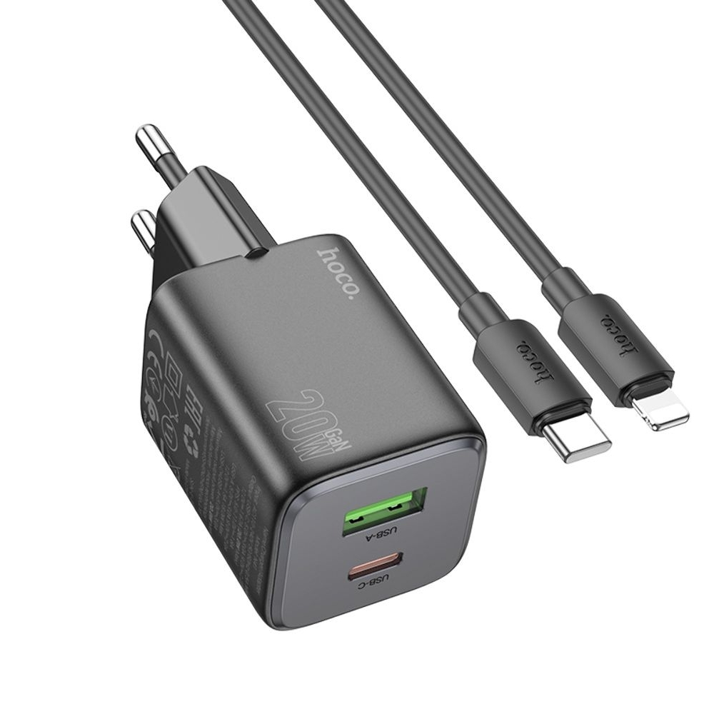 Сетевое зарядное устройство Hoco N41 USB/ Type-C PD QC black + кабель Type-C to Lightning