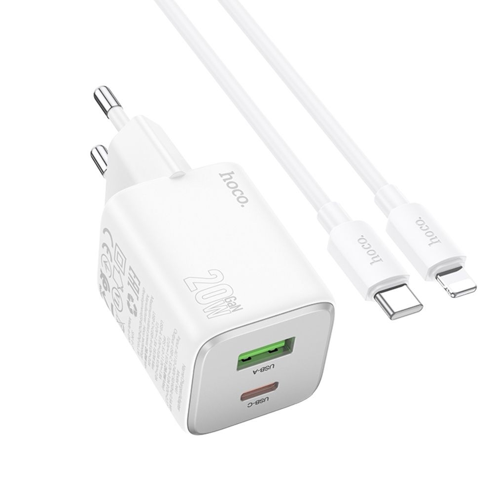 Сетевое зарядное устройство Hoco N41 USB/ Type-C PD QC white + кабель Type-C to Lightning