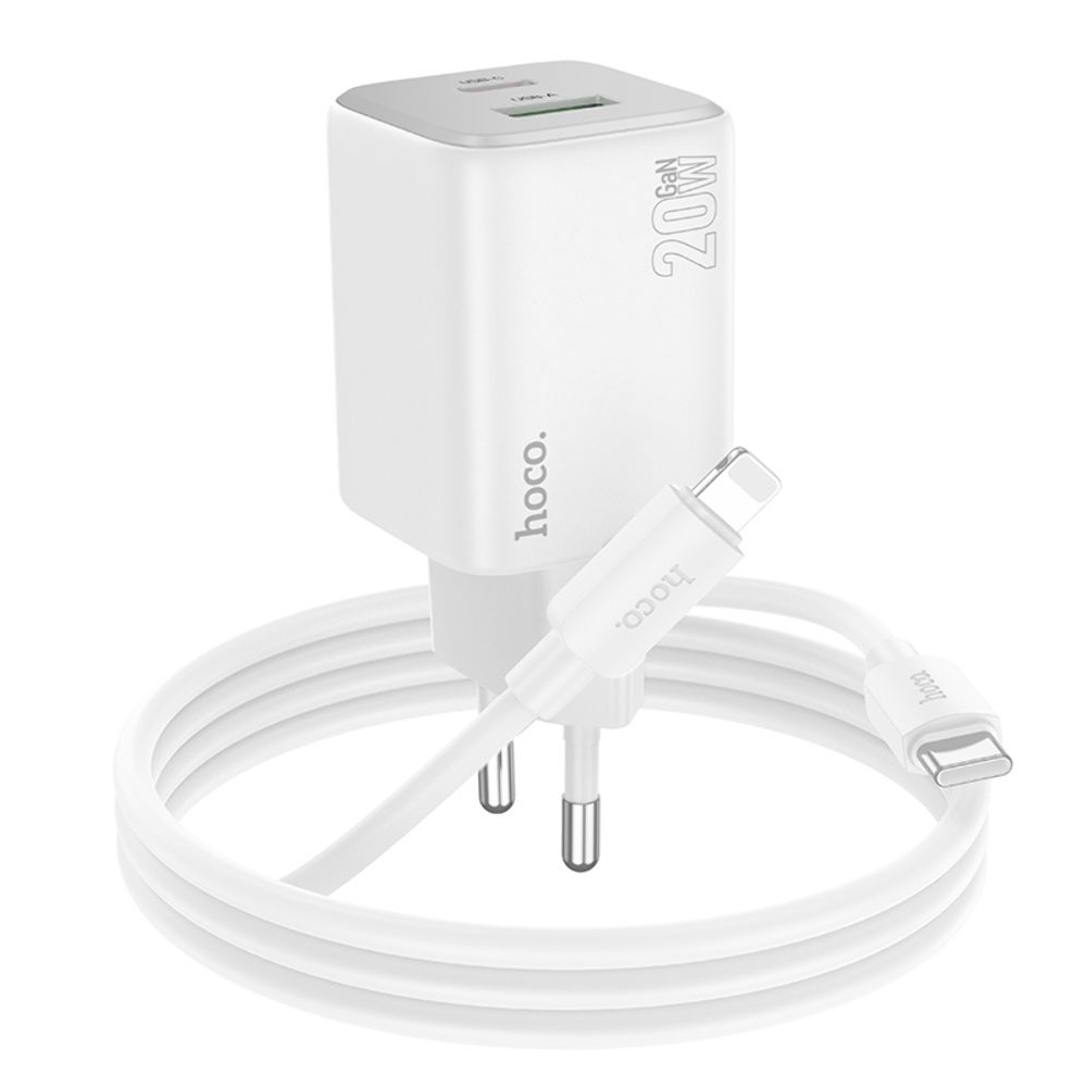 Сетевое зарядное устройство Hoco N41 USB/ Type-C PD QC white + кабель Type-C to Lightning