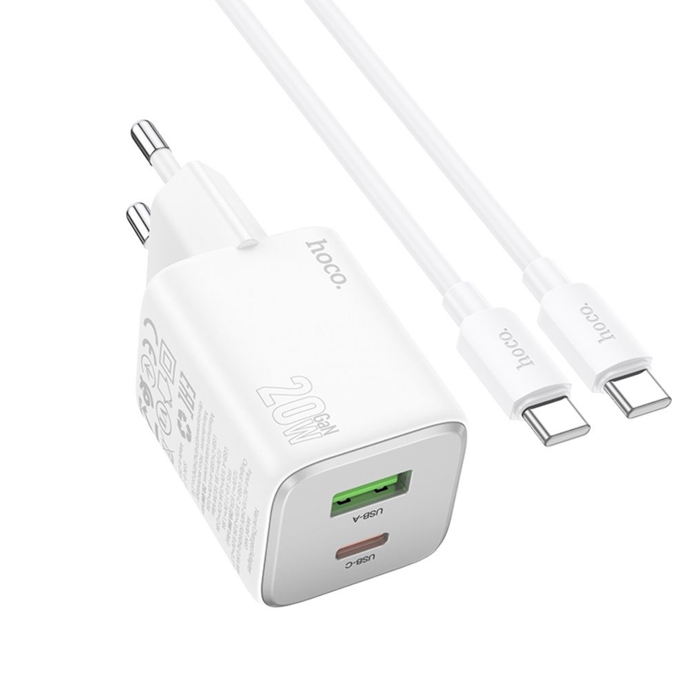 Сетевое зарядное устройство Hoco N41 USB/ Type-C PD QC white + кабель Type-C to Type-C