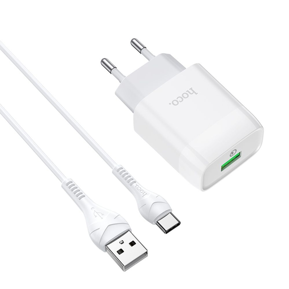 Сетевое зарядное устройство Hoco C72Q USB QC + кабель USB to Type-C white