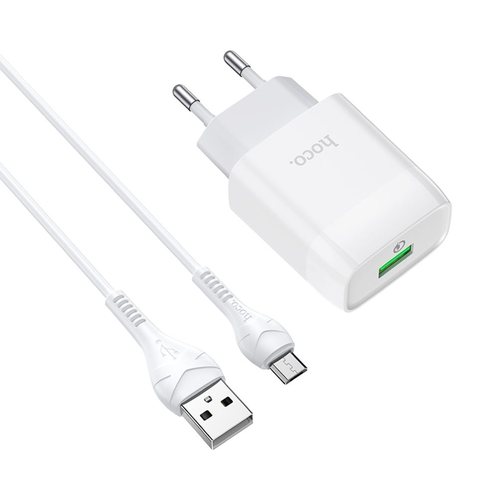 Сетевое зарядное устройство Hoco C72Q USB QC + кабель USB to MicroUSB white