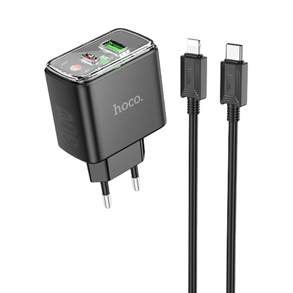 Сетевое зарядное устройство Hoco CS42A USB/ Type-C PD 30W QC black + кабель Type-C to Lightning