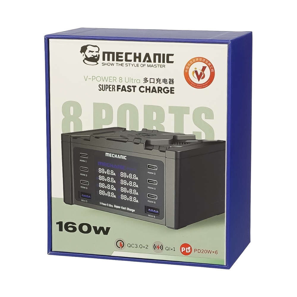 Зарядная станция с индикацией параметров зарядки Mechanic V- Power 8 Ultra 160W (6 Type C - PD 20W/ 2 USB QC 3A/ Wireless charging 15W)