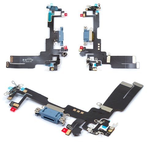 Плата зарядки Apple iPhone 14, шлейф коннектора зарядки, коннектора наушников, с микрофоном, синяя, High Copy
